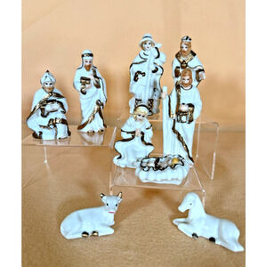International Bazaar 9 Piece Ivory And Gold Porcelian Nativity Set